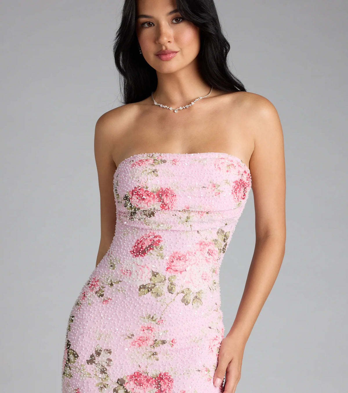 Louisa Strapless Floral Beaded Mesh Mini Dress