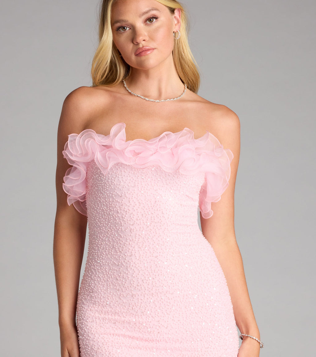 Linda Strapless Ruffle Beaded Mini Dress