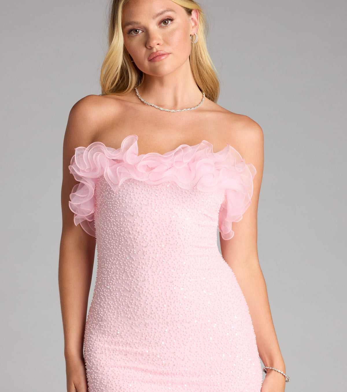 Linda Strapless Ruffle Beaded Mini Dress