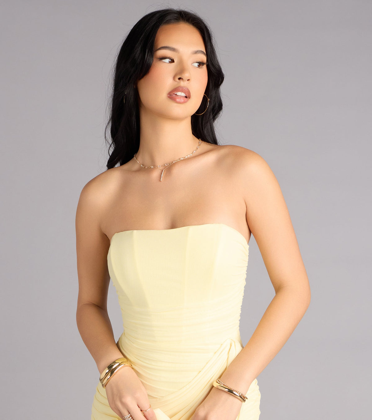 Kaiya Strapless Bodycon Ruched Mesh Mini Dress