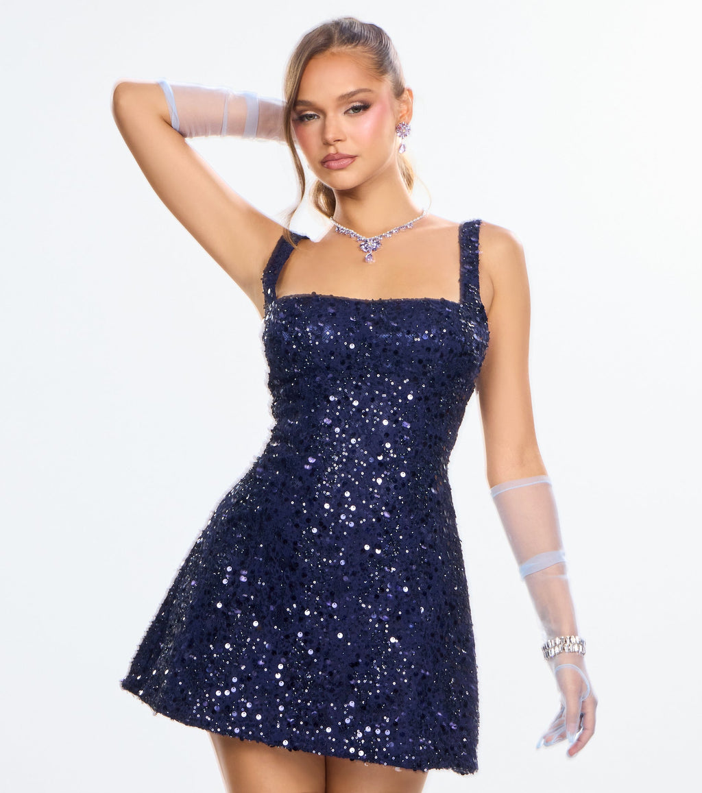 Clarice Sequin Beaded Lace A-Line Mini Dress