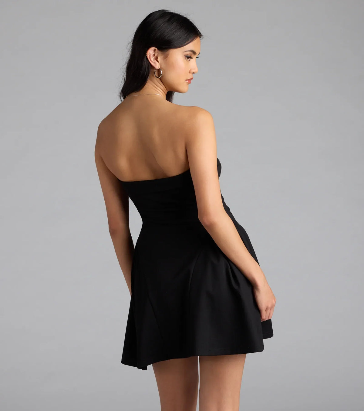 Soiree Ready Strapless Crepe Skater Mini Dress