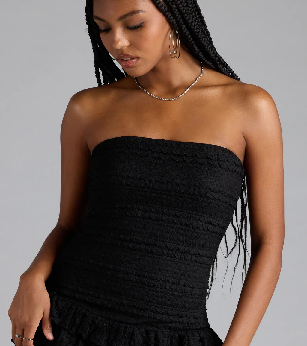Sassy Silhouette Ruffled Lace Mini Dress