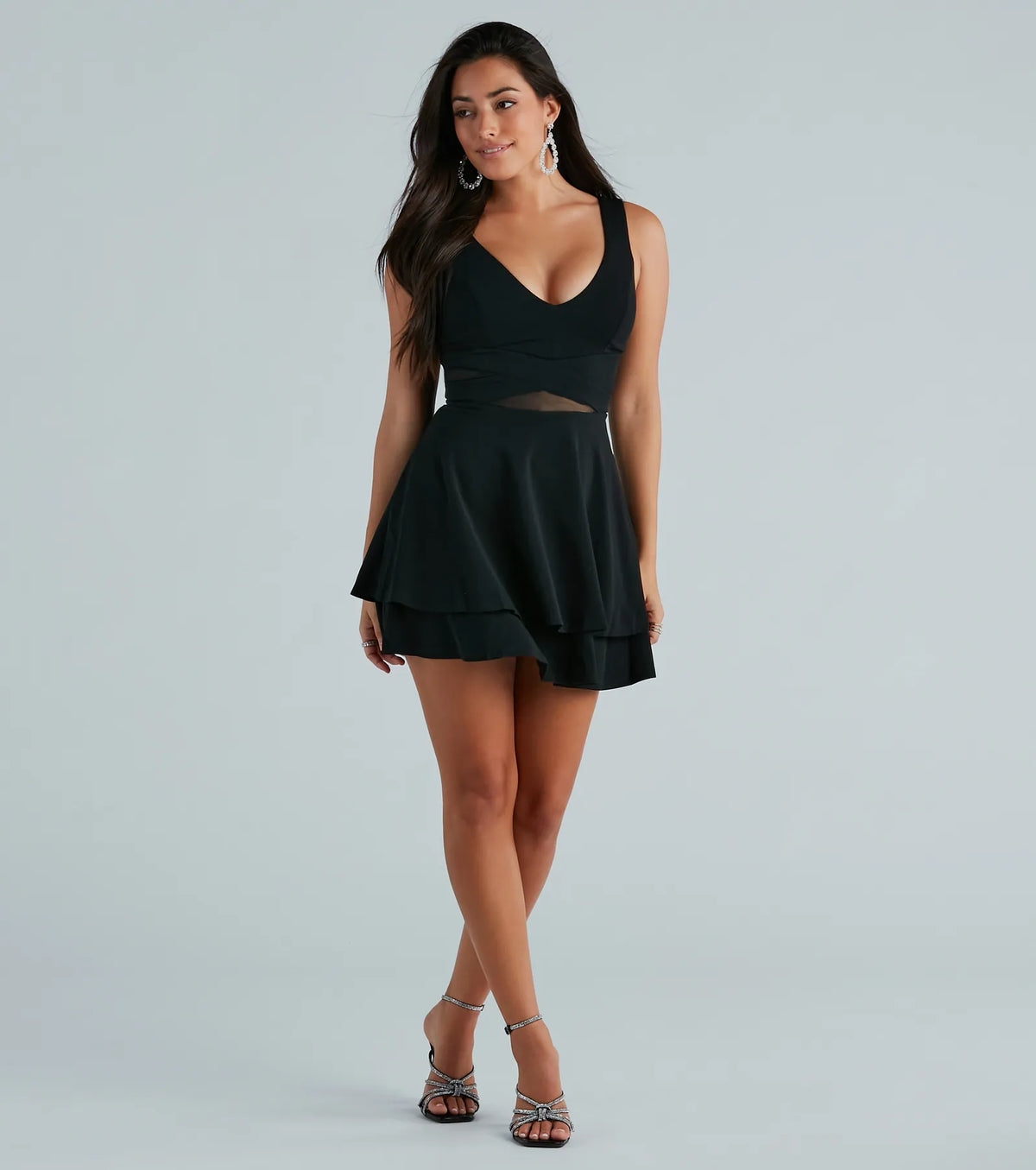 Give Me A Twirl Crepe Mesh Waist Skater Dress