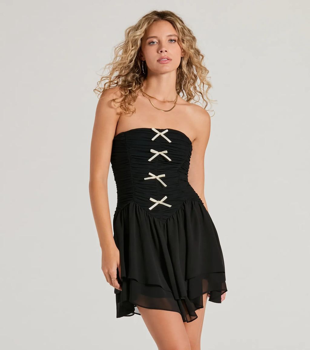 Prettiest Pick Strapless Bow A-Line Mini Dress