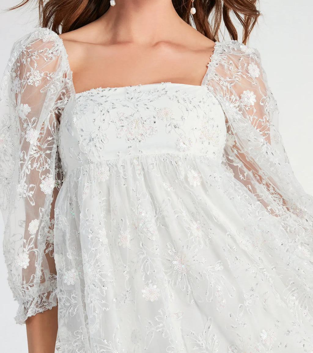 Beautiful Bliss Floral Sequin Mesh Babydoll Dress
