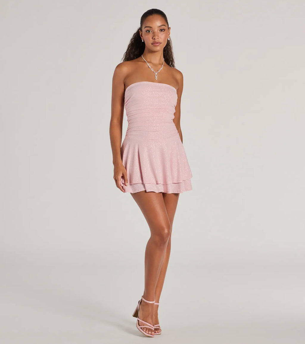Glittery Impression Strapless Tiered Ruffle Skater Dress