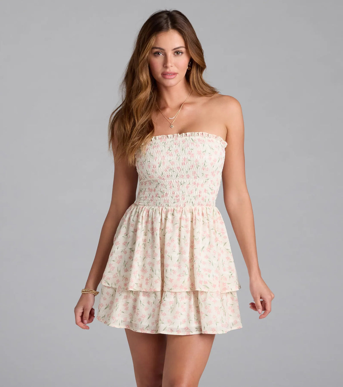 Floral Charm Ruffled Chiffon Tube Skater Dress