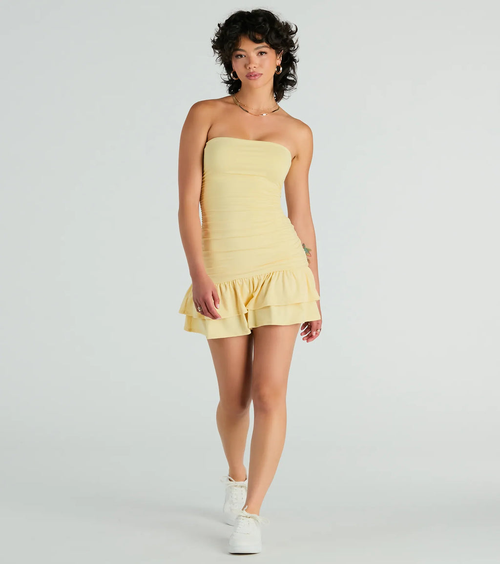 Here Comes The Sun Strapless Ruffled Mini Dress