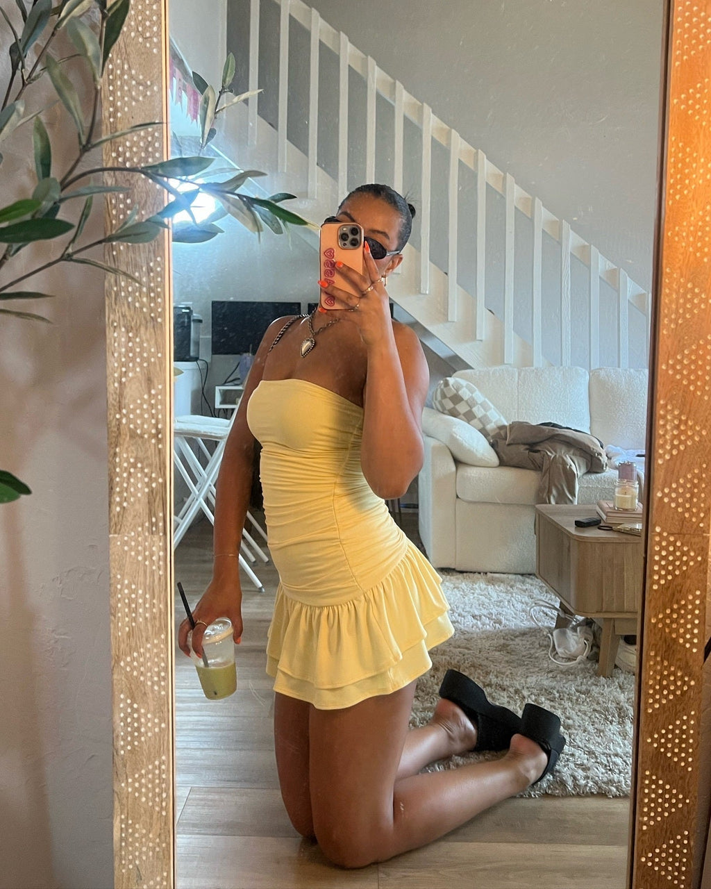 Here Comes The Sun Strapless Ruffled Mini Dress