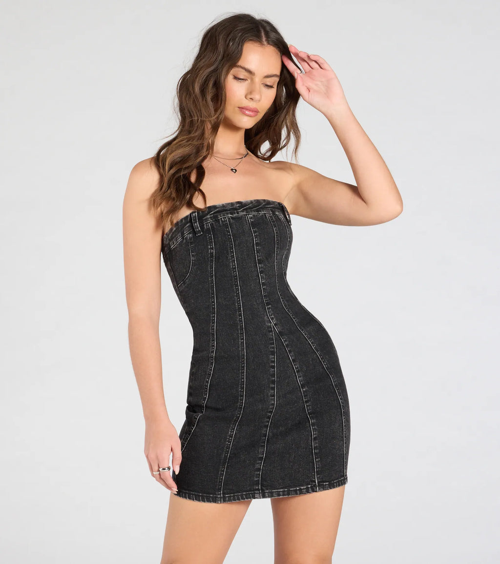 Stylish Jeanius Strapless Denim Mini Dress