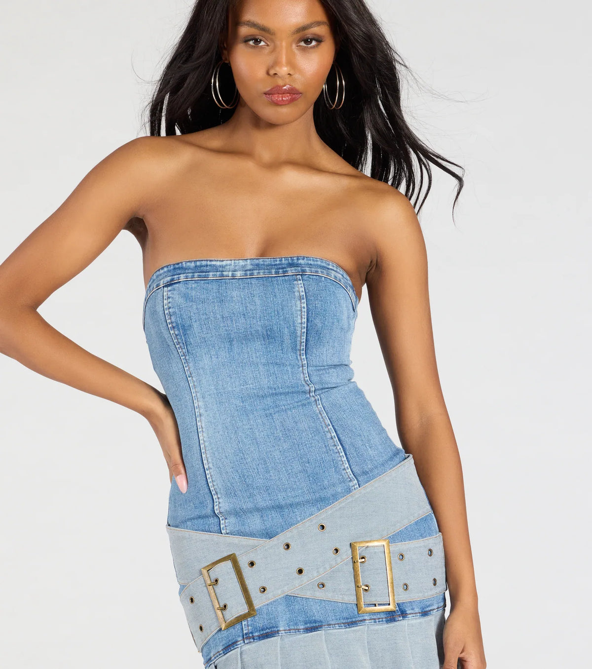 Trend Moment Denim Belted Pleat Mini Dress