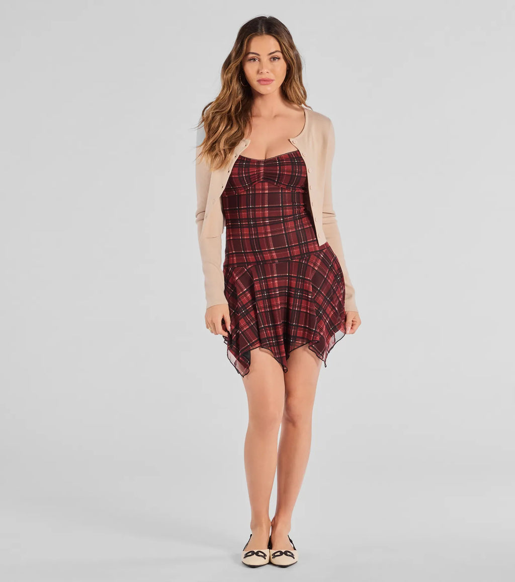 Edgy In Plaid Scoop Neck Mesh Mini Dress