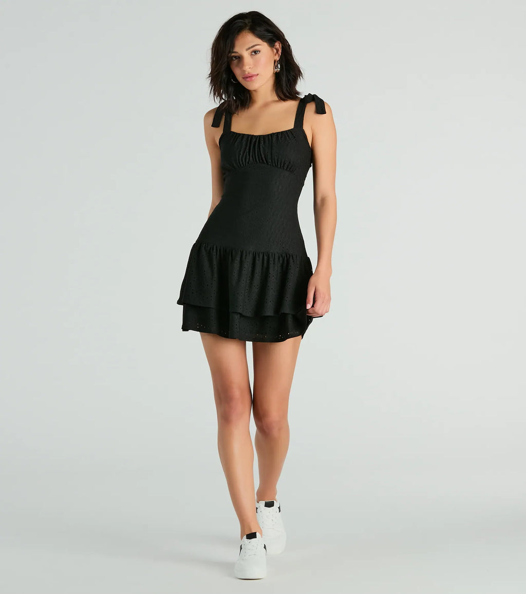 Life Is Sweet Eyelet Bodycon Ruffle Mini Dress