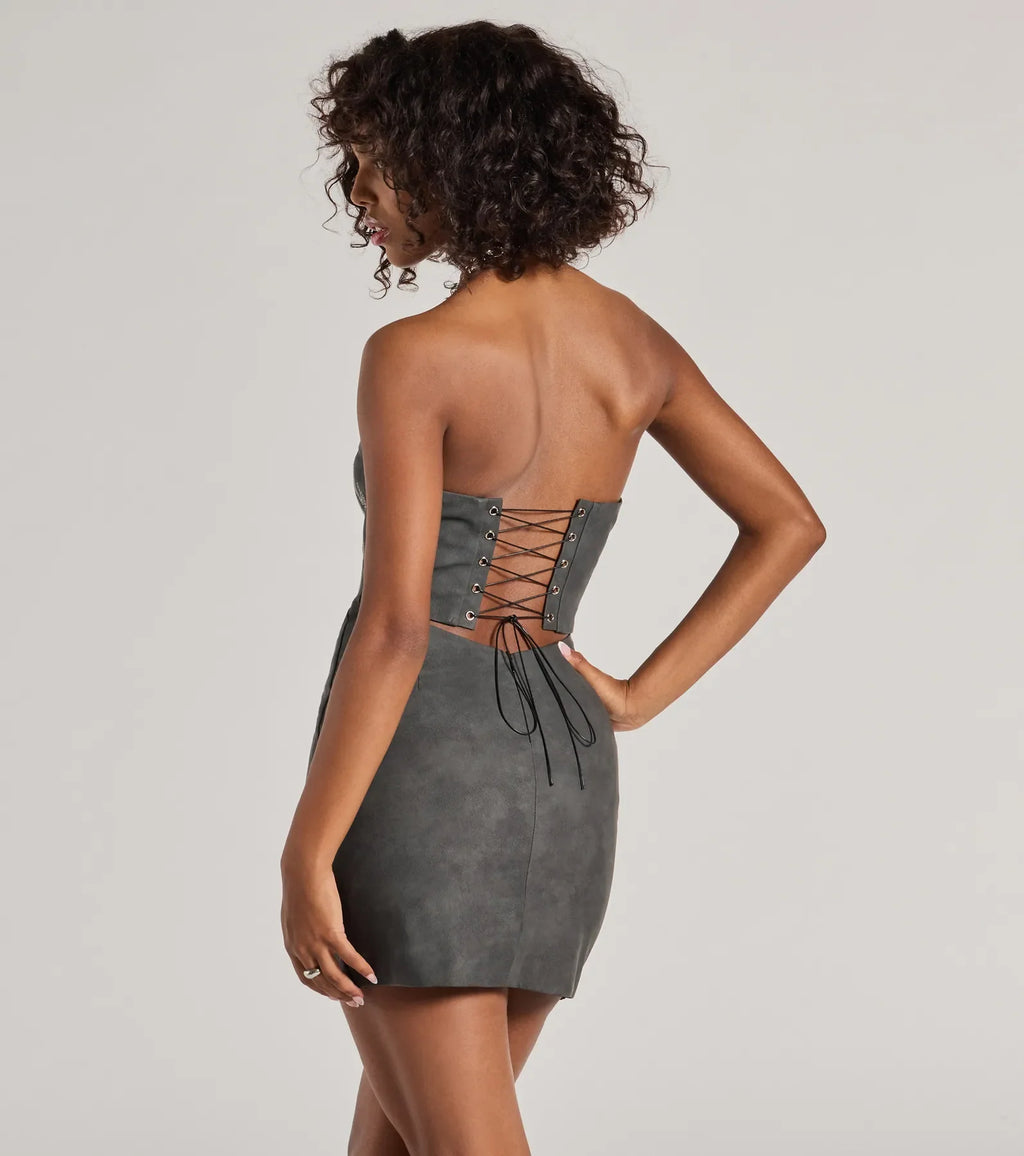 Western Baddie Strapless Lace-Up Mini Dress
