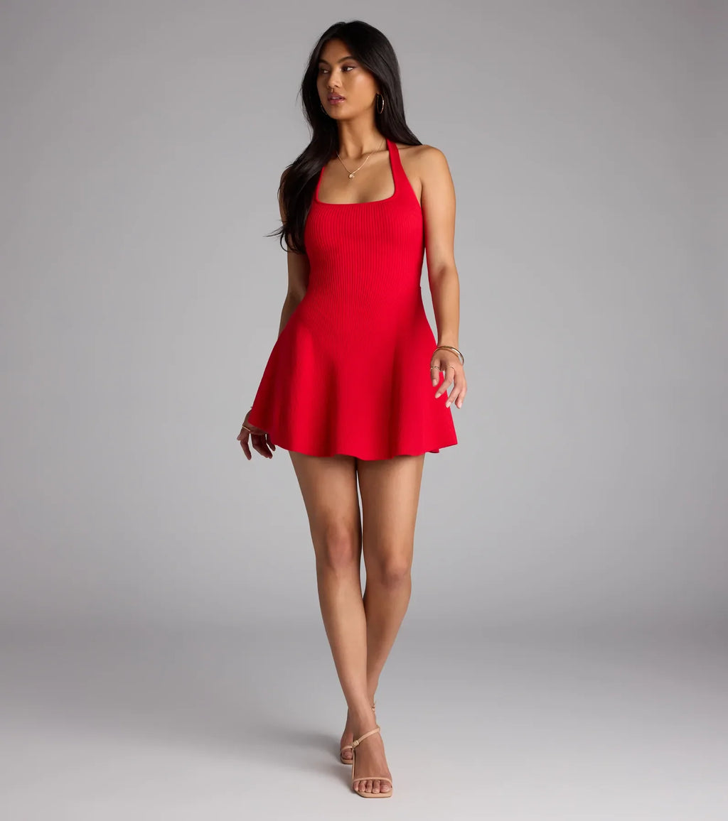 In The Cards Halter Skater Mini Dress