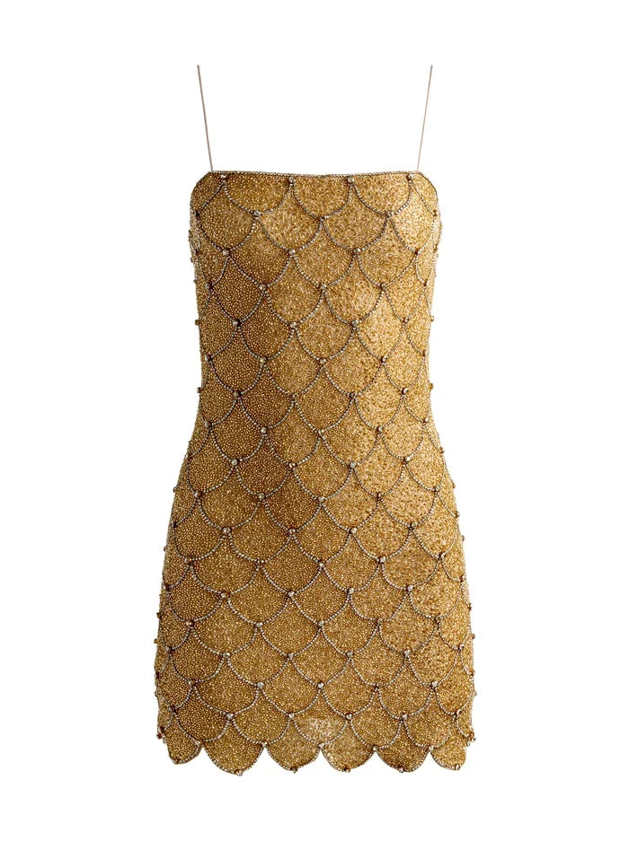 Nina Embellished Mini Dress - Pale Gold