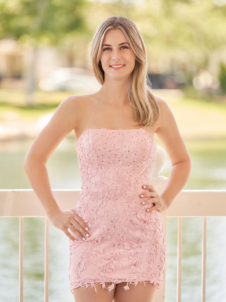 Pink Tight Short Lace Homecoming Dress with Appliques