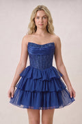 Navy Blue - Strapless A Line Chiffon Beaded Homecoming Dress With Ruffles