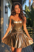 A-Line Strapless Gold Satin Pleated Short Homecoming Dresses