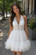 White Halter Tulle Tiered A-Line Homecoming Dress With Lace Appliques