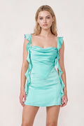 Aqua Ruffled Sheath Square Neck Satin Ruched Homecoming Dress