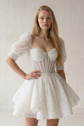 Sweetheart White Sequin Short Homecoming Dress With Puff Sleeves
