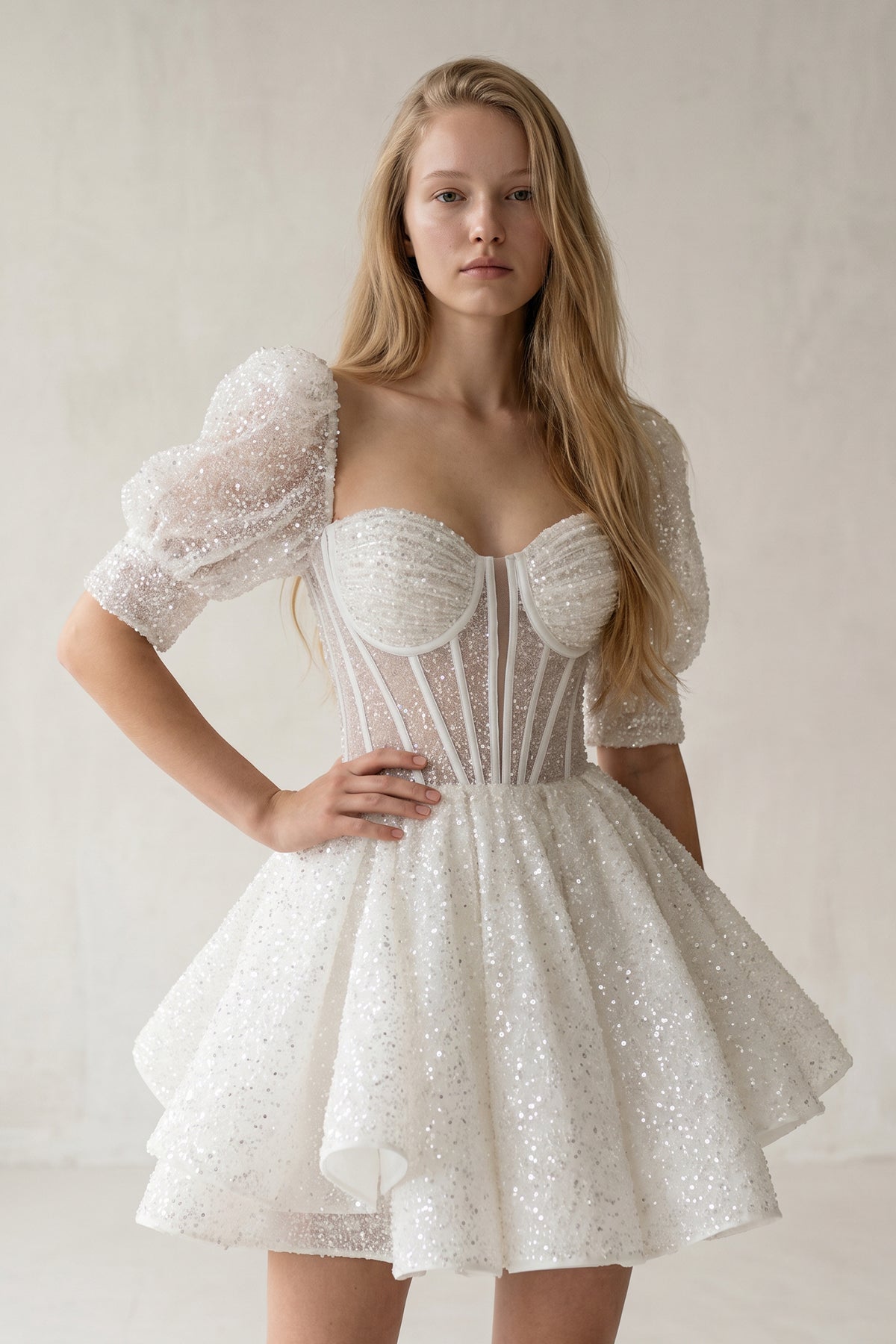 Sweetheart White Sequin Short Homecoming Dress With Puff Sleeves