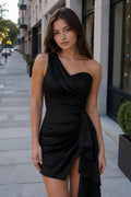 Black One Shoulder Spandex Pleated Homecoming Dresses With Slit