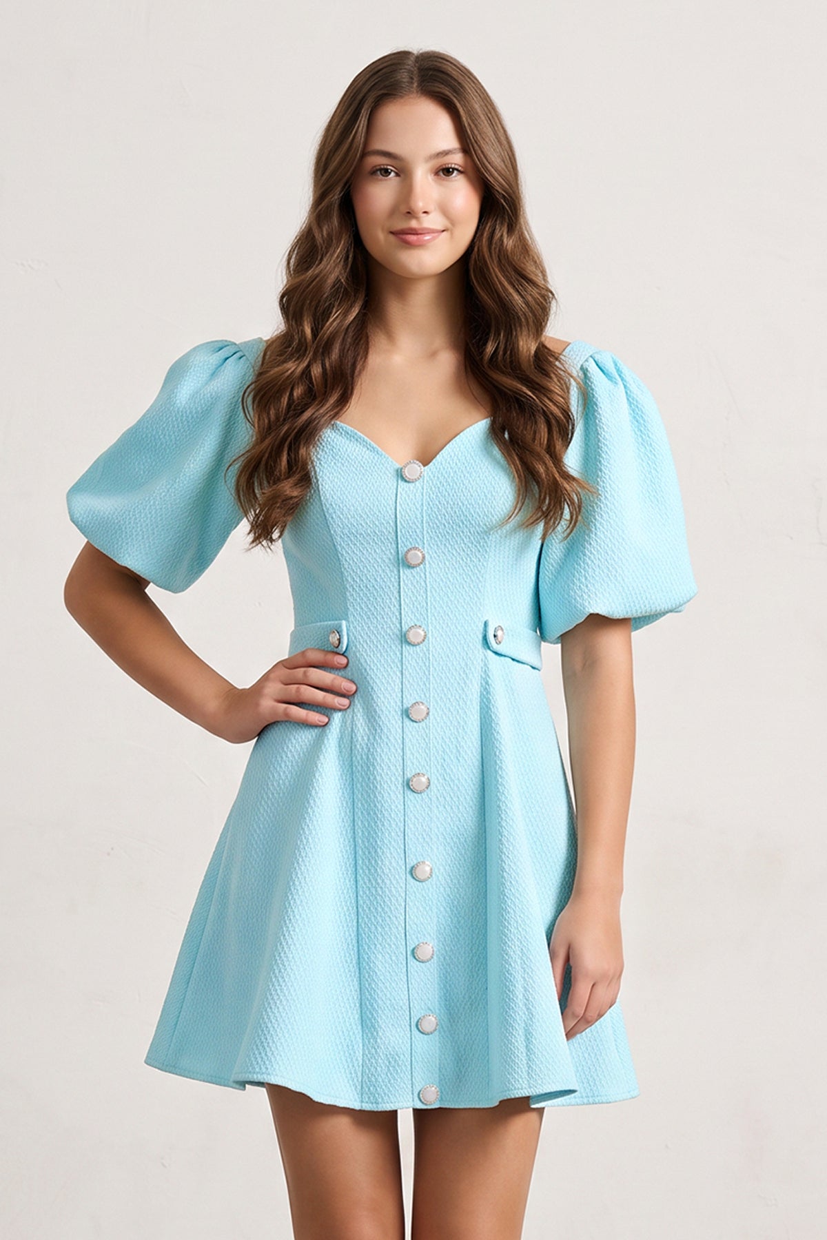 Blue A Line V Neck Textured Tweed Homecoming Dresses with Puffed Sleeves