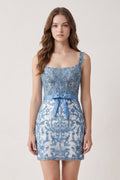 Blue Bodycon Off the Shoulder Beaded Appliques Homecoming Dresses with Bow