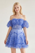 Blue Puff Sleeves Ruffles A-line Prints Homecoming Dress