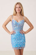 Light Blue Sequin Lace Sweetheart Fitted Mini Homecoming Dresses