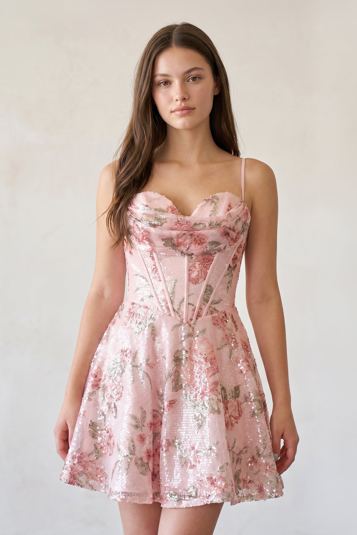 Pink - A Line Short Floral Cowl Neckline Corset Homecoming Dresses