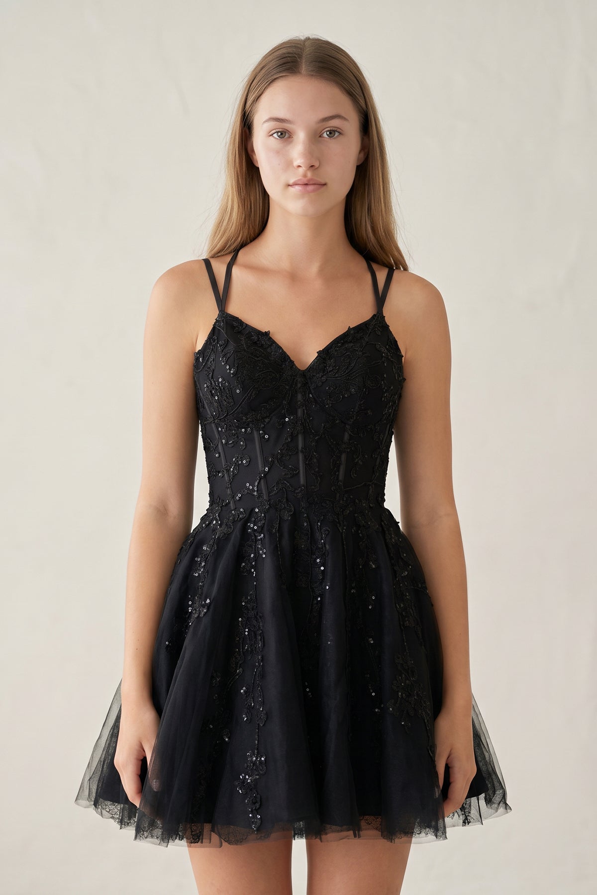 A-Line Lace Spaghetti-Straps Black Short Homecoming Dress