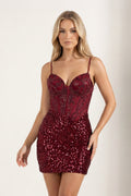 Burgundy Sheath V-Neck Sequined Short Homecoming Dress with Beading
