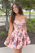 Pink - A Line Sweetheart Floral Satin Bubble Hem Homecoming Dresses with Sequins
