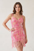 Hot Pink Sheath V Neck Sequined Tassels Homecoming Dresses