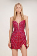 Fuchsia Sheath V Neck Beaded Short Mini Homecoming Dresses With Slit