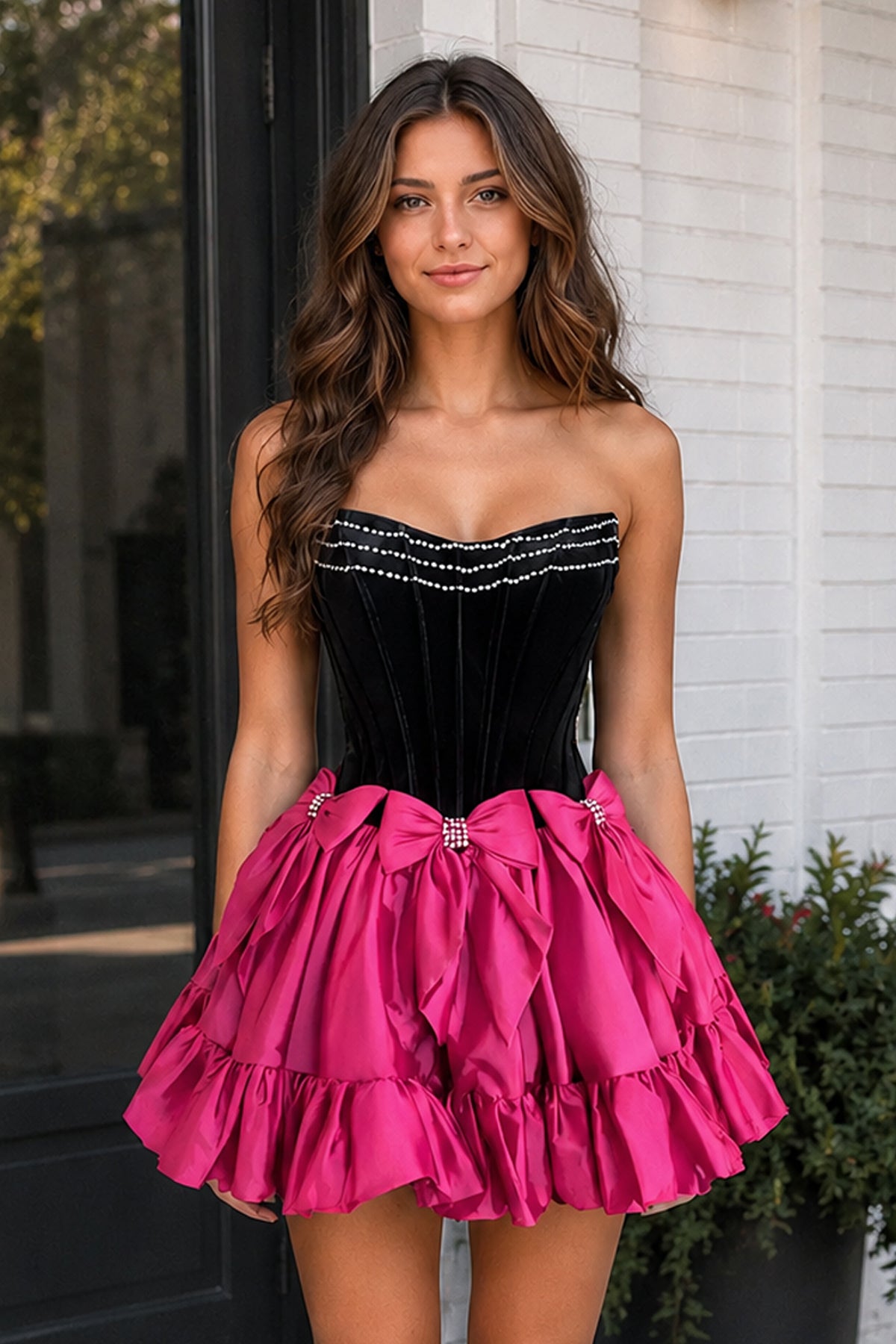 Fuchsia Strapless A Line Velvet Homecoming Dresses With Bow