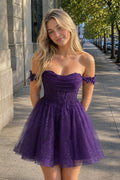 Purple A Line Off the Shoulder Lace Corset Sequined Homecoming Dresses