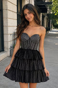 Glitter Black Strapless A-Line Corset Short Homecoming Dress with Beading