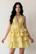 Yellow - Halter A Line Ruffles Satin Homecoming Dress With Bow