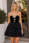Black Strapless A Line Tiered Tulle Homecoming Dress With Bow