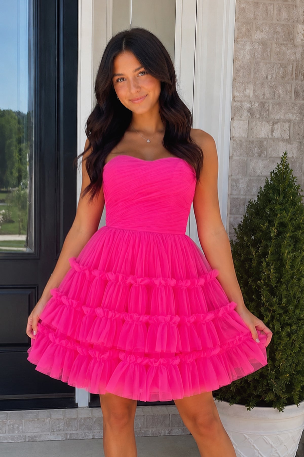Fuchsia A-Line Sweetheart Tulle Tiered Corset Short Homecoming Dress
