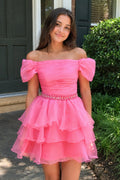 Hot Pink Off-the-Shoulder Ruffle Short Homecoming Dress