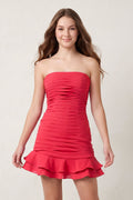 Hot Pink Strapless Bodycon Spandex Ruffles Short Homecoming Dresses