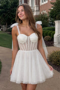 Tie Shoulder White Spraying A-Line Short Party Dress