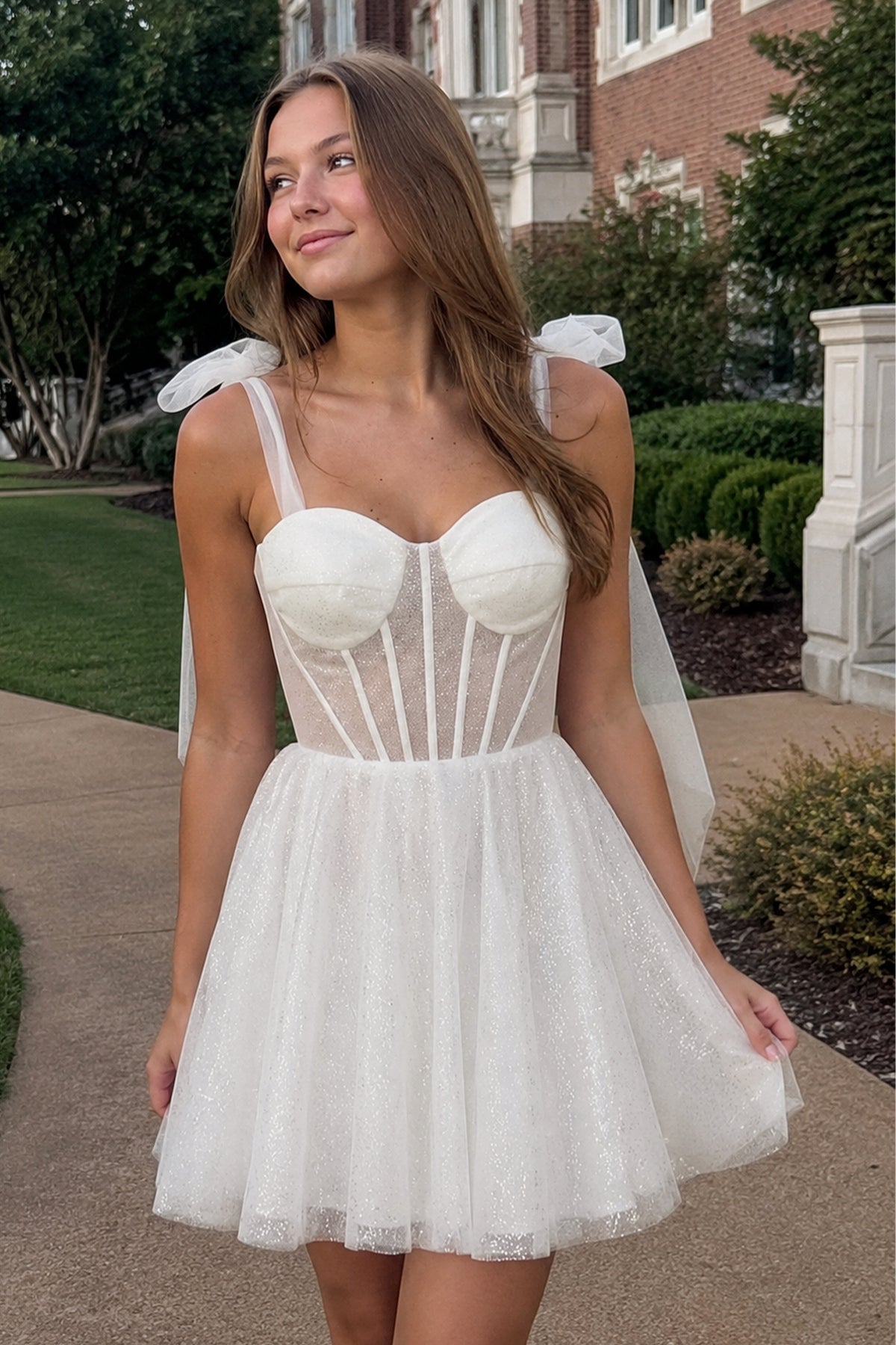 Tie Shoulder White Spraying A-Line Short Party Dress