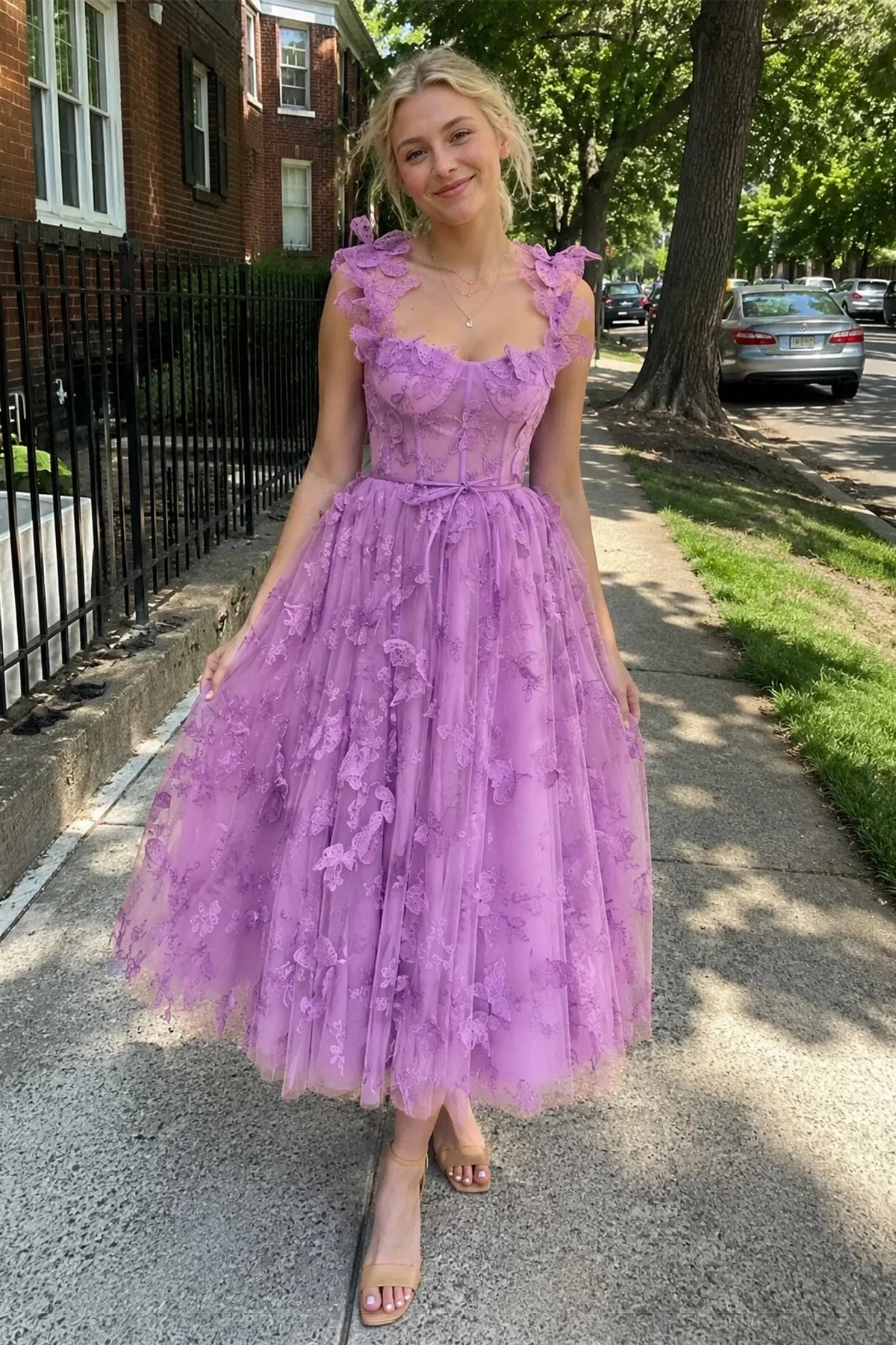 Aline Tulle Midi Prom Dress with 3D Butterflies